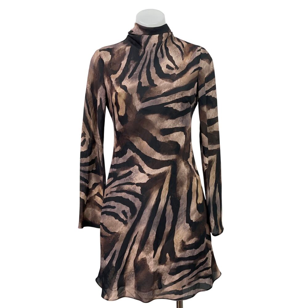 MNG Mango Brown Satin Zebra Back Bow Mock Neck Long Sleeve A Line Mini Dress 2